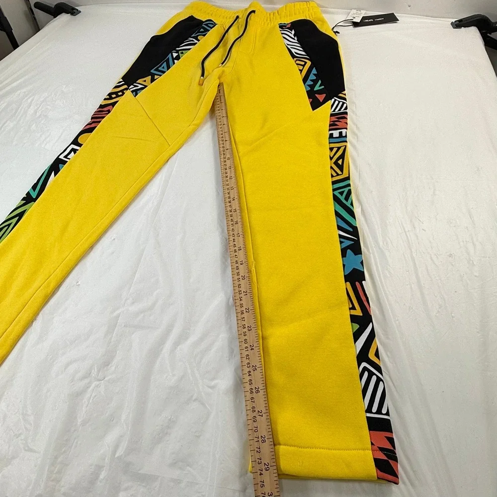 Create 2MRW Men Yellow Tribal Geometric Print Jogger Sweatpants Ankle Zip NWT
